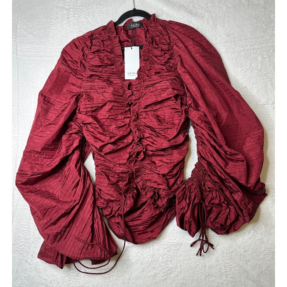 Akira Ruched Blouse Womens XL Burgundy Long Sleeve Balloon Sleeve Top NWT